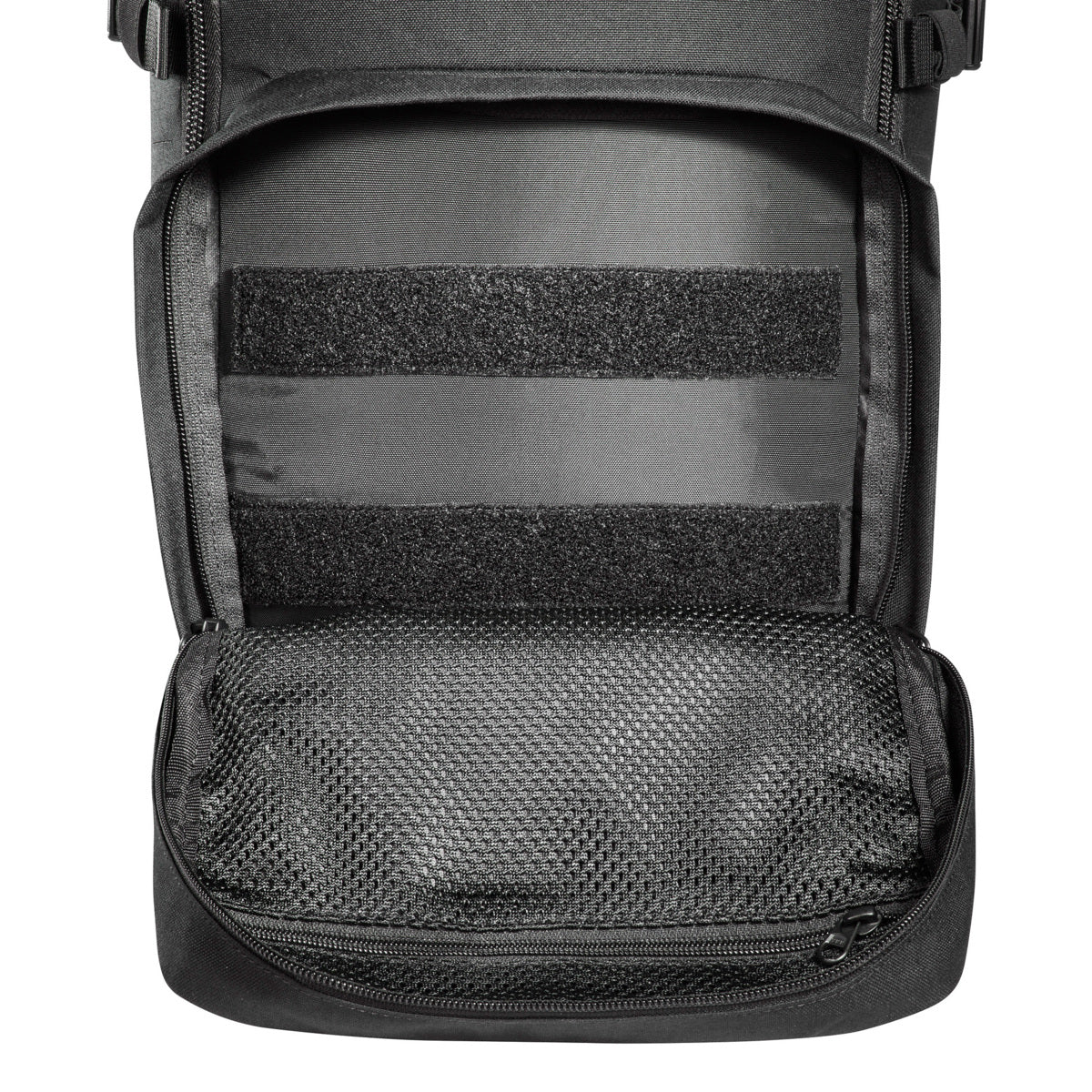 Small inner mesh pockets for storage of small items such as batteries, etc Upper front pocket (2L) and lower front pocket (3L) with zip compartments Hook-and-loop closure patch on the frontside (loop) Detachable hip fins with zip pockets Side pockets made of an elastic material Side compression Front and sides with MOLLE system in laser cut design for optional attachment of additional pockets Hydration system compatible www.moralepatches.com.au