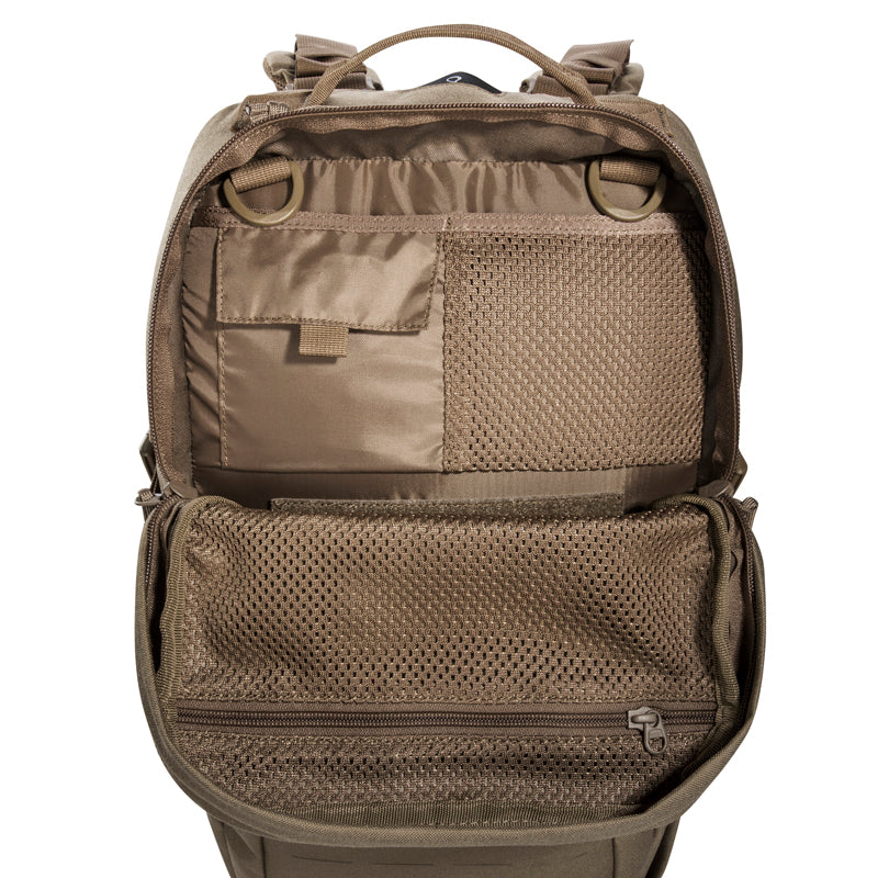 Small 22 litre universal combat backpack with two attachable pockets and elastic side pockets. It has a MOLLE hook-and-loop in the main compartment for customised modular add-ons and the laser-cut MOLLE on the front and sides mean you can combine it with other gear. www.moralepatches.com.au