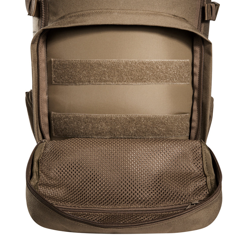 Small 22 litre universal combat backpack with two attachable pockets and elastic side pockets. It has a MOLLE hook-and-loop in the main compartment for customised modular add-ons and the laser-cut MOLLE on the front and sides mean you can combine it with other gear. www.moralepatches.com.au