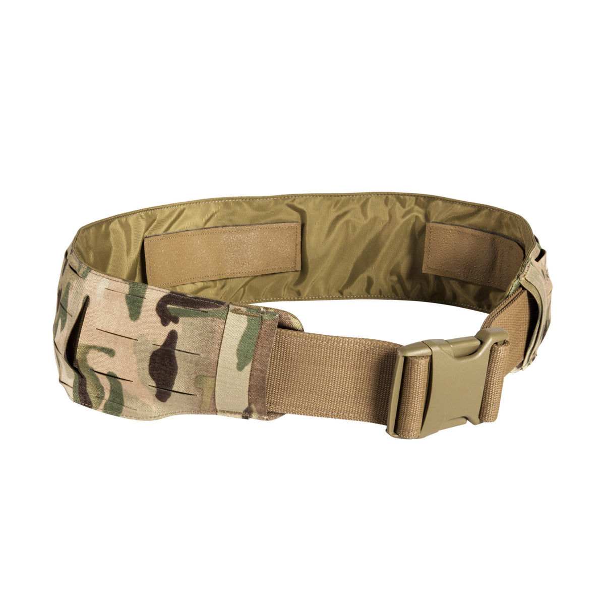 Extremely low-lying warrior belt for attaching to a tactical belt. The hook-and-loop fastening (hooks) is covered with a non-slip material when not in use. 4 laser-cut MOLLE slots high. www.moralepatches.com.au
