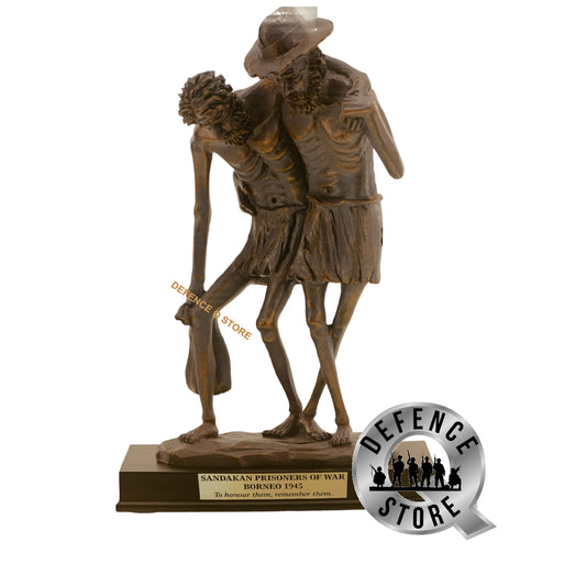 This figurine, commemorating the Sandakan prisoner of war camp in Borneo, pays tribute to the Australian and British victims of Japanese brutality in World War II. A solemn promise to remember the truth, it stands for all nations who lost loved ones to the cruelty of Japanese camps. www.moralepatches.com.au