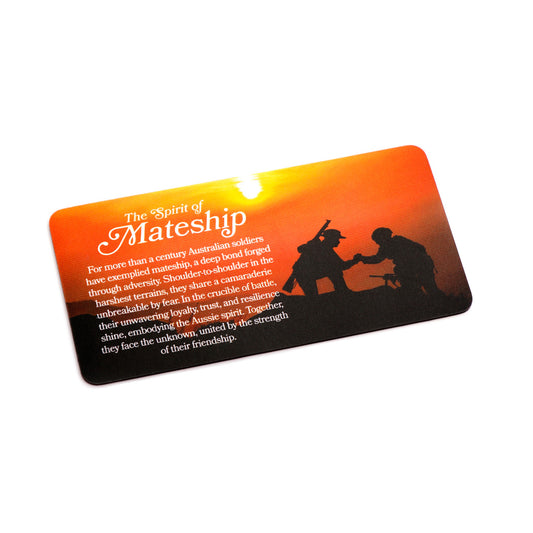 Introducing "The Spirit of Mateship Fridge Magnet" – a powerful and meaningful addition to your refrigerator, serving as a daily reminder of the unwavering bonds that define the Australian spirit. This magnet is not just a decoration; it's a tribute to the deep sense of camaraderie and unity among Australian soldiers. www.moralepatches.com.au