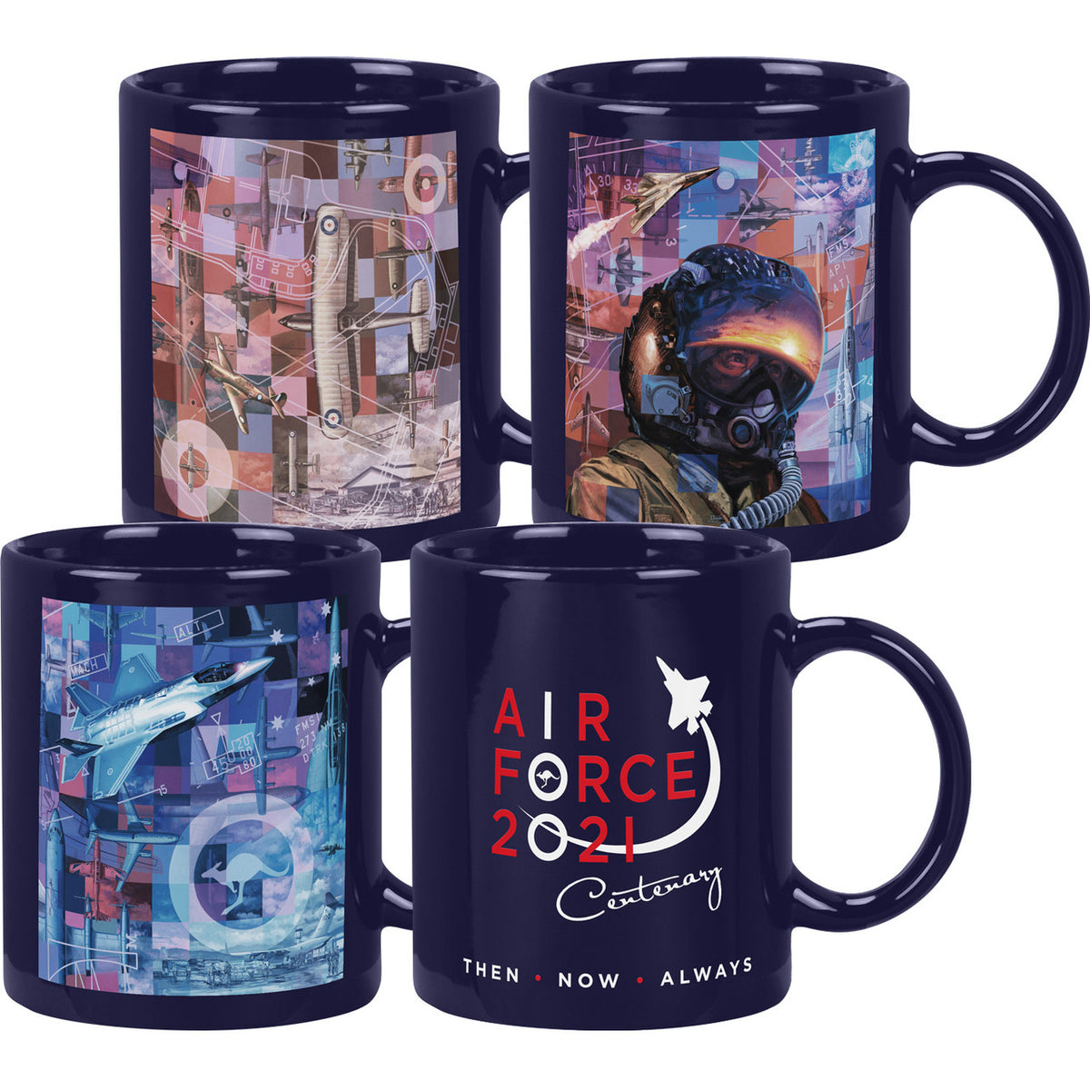Introducing a collection of four limited edition coffee mugs featuring excerpts from the stunning artwork by Drew Harrison, commemorating the past 100 years of the Air Force. www.moralepatches.com.au