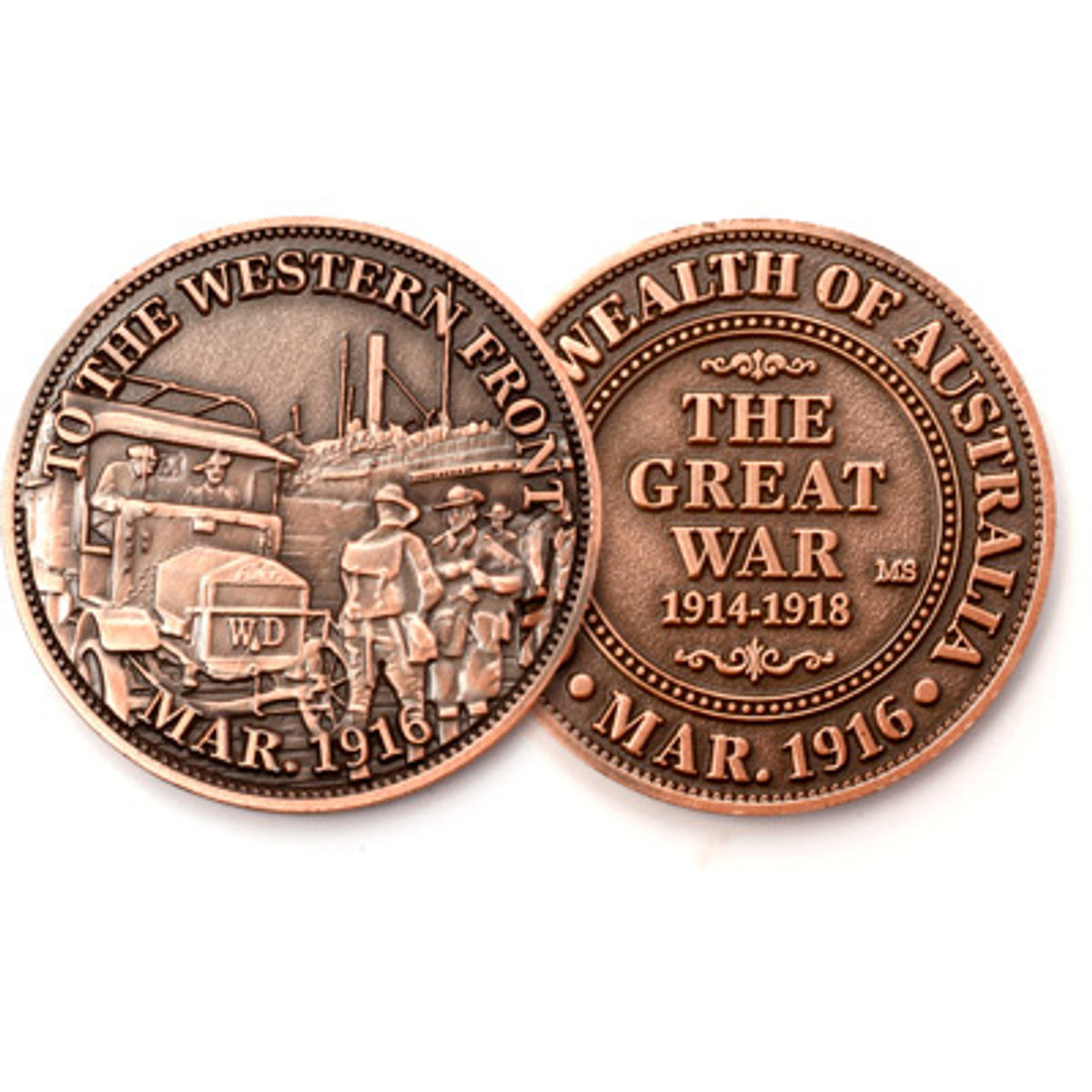 The AGW Antique Finish Penny is a special commemorative coin that pays tribute to Australia's campaign on the Western Front. This coin holds immense historical significance, representing the brave Australian troops who embarked on a perilous journey in March 1916.  www.moralepatches.com.au