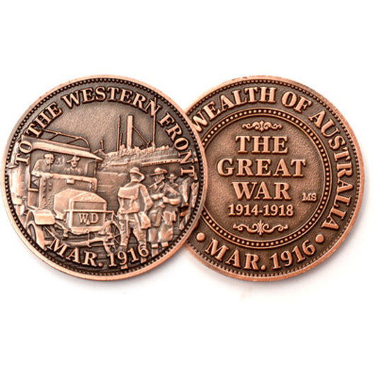 The AGW Antique Finish Penny is a special commemorative coin that pays tribute to Australia's campaign on the Western Front. This coin holds immense historical significance, representing the brave Australian troops who embarked on a perilous journey in March 1916.  www.moralepatches.com.au