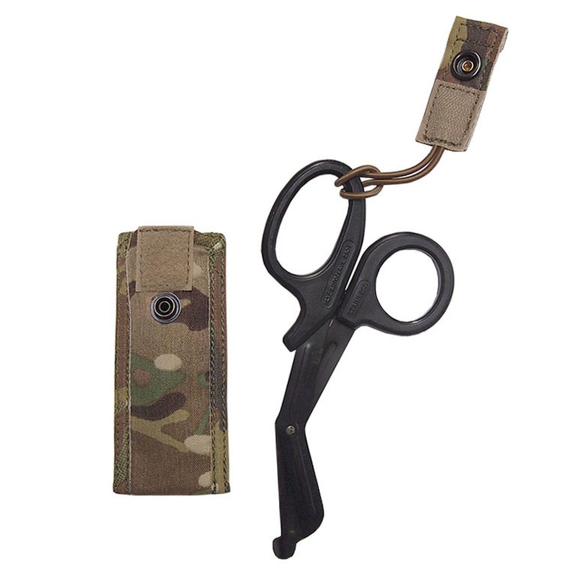 Sleek, light weight, basic and effective. Holds a single pair of medium sized trauma shears in a padded sleeve with an easy access elastic tab retention system that is easily operated with one hand. Requires one MOLLE column for attachment. When seconds count, quick access to vital tools is essential. EMT SHEARS INCLUDED IN PURCHASE. www.moralepatches.com.au
