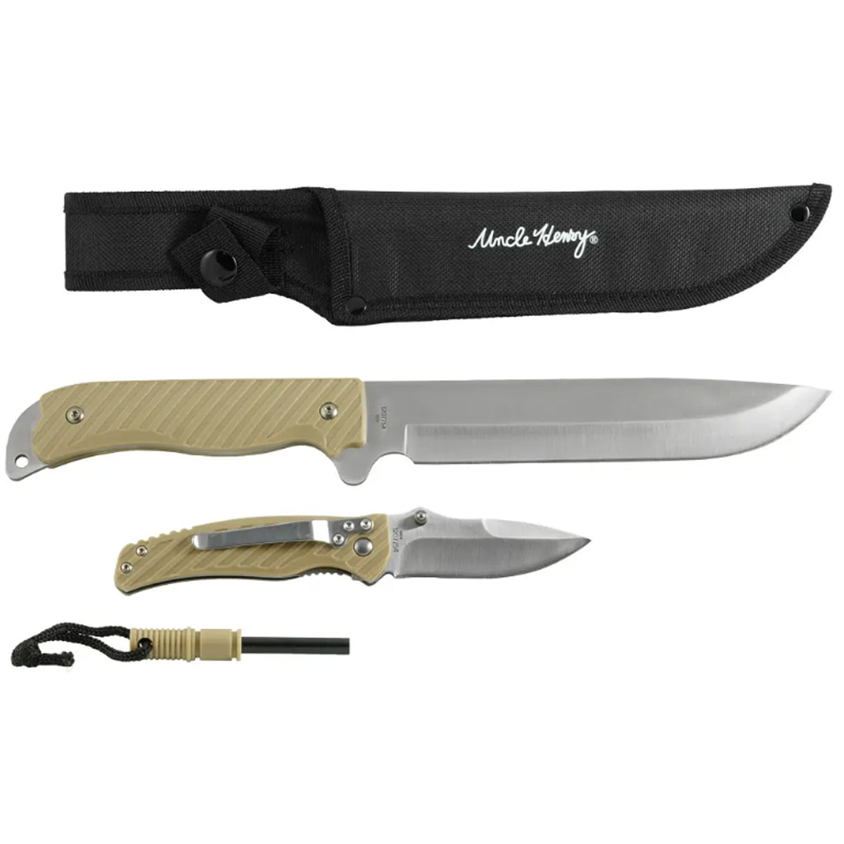 The Uncle Henry Machete Folder Set is designed for outdoor enthusiasts and campers who need reliable cutting tools on their adventures. This set includes two knives: one machete-style fixed blade and one folding blade knife. Both knives feature high-quality stainless steel drop point blades with a satin finish for durability and sharpness. www.moralepatches.com.au