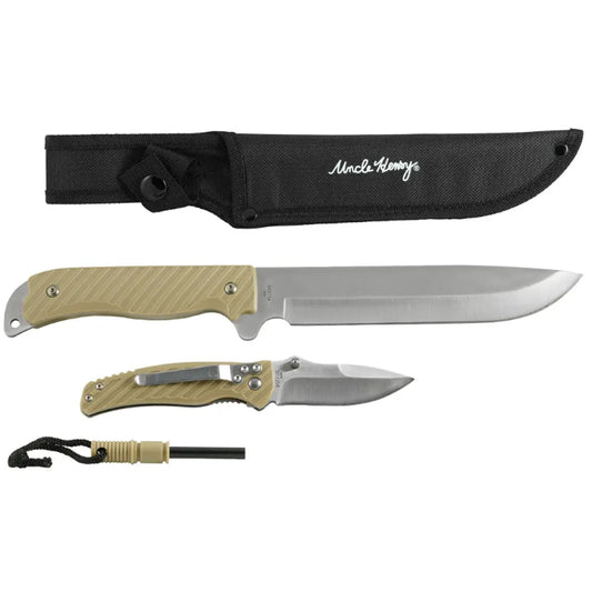 The Uncle Henry Machete Folder Set is designed for outdoor enthusiasts and campers who need reliable cutting tools on their adventures. This set includes two knives: one machete-style fixed blade and one folding blade knife. Both knives feature high-quality stainless steel drop point blades with a satin finish for durability and sharpness. www.moralepatches.com.au