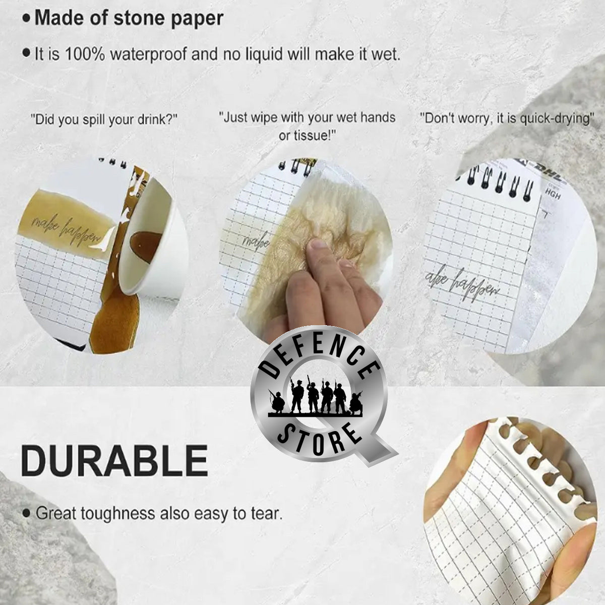 Introducing the revolutionary Waterproof Notepad Stone Paper, perfect for those who value durability and versatility in their writing materials. With double-sided usage and approximately 50 pages, this notepad is not only practical but also environmentally friendly. www.moralepatches.com.au