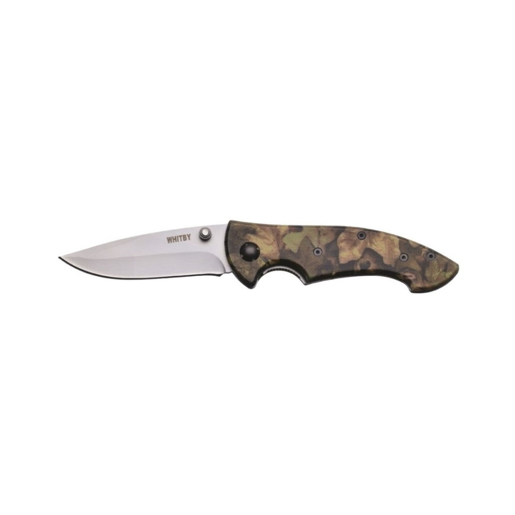 This Whitby Knife features a durable aluminium handle finished with a camouflage coating for a rugged look. Its 7.6 cm (3") stainless steel blade offers reliable cutting performance. When folded, the knife measures 11.4 cm (4.5") and weighs just 94 grams, making it easy to carry. Equipped with a pocket clip and thumb stud, it ensures quick access and secure handling for everyday use. www.moralepatches.com.au