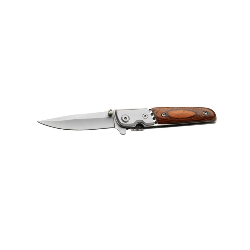 Experience effortless one-handed opening with the Whitby Knife featuring a secure liner lock. Crafted with a pakkawood handle and a stainless steel blade, this compact knife offers a 6.35 cm (2.5") blade length and folds down to just 8.9 cm (3.5") for easy portability. Weighing only 76g, it includes a convenient thumb stud for quick access, making it a reliable and stylish tool for everyday use. www.moralepatches.com.au