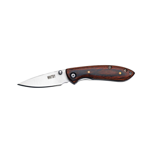 This compact Whitby Small Knife features a reliable liner lock and allows for easy one-handed opening. Crafted with a pakkawood handle and a stainless steel blade measuring 4.45 cm (1.75"), it offers durability and precision. When closed, it measures just 7 cm (2.75") and weighs only 31 grams, making it lightweight and portable. Additional features include a convenient lanyard hole and thumb stud for quick access. Perfect for everyday carry and outdoor tasks. www.moralepatches.com.au