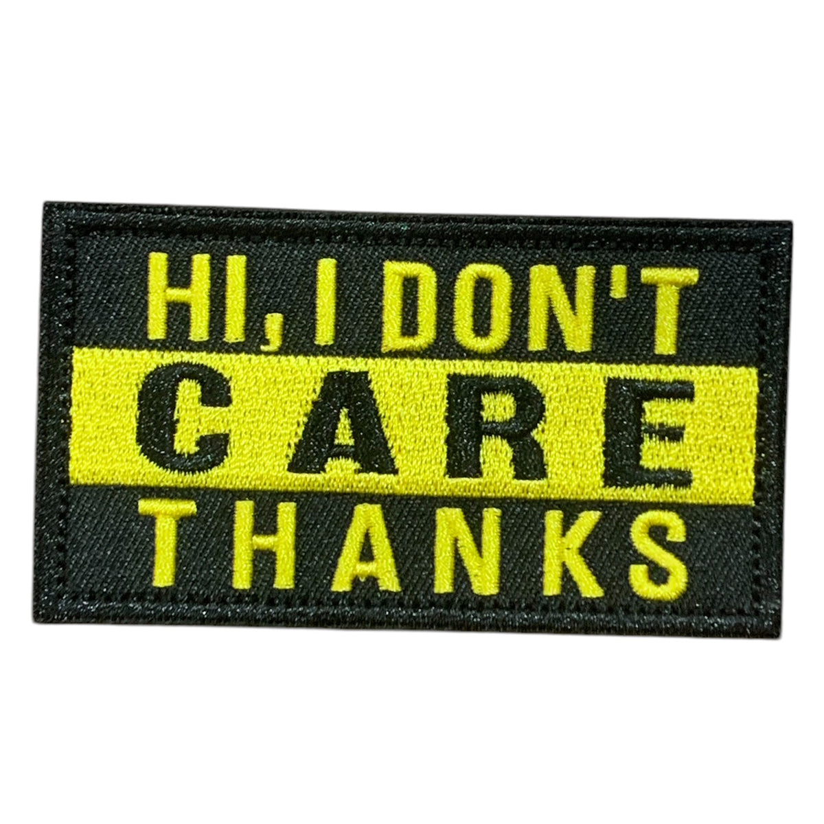 Elevate your style game with the I Don't Care Embroidery Hook &amp; Loop Morale Patch! Featuring a supportive design, this patch measures 9.5x5cm and is perfect for adding a touch of personality to your operator hats, tactical jackets, and bags. The hook backing ensures easy application and a secure hold, making it a must-have for any tactical enthusiast. Upgrade your gear today! www.moralepatches.com.au