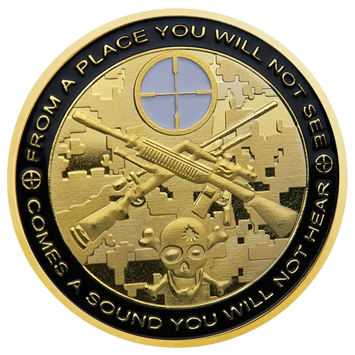 Show your respect for the Sniper Medallion with this beautiful full-colour medallion! Its unique design features the sniper and spotter in gold on one side and sniper rifles on the other. Show your appreciation with this one-of-a-kind piece of jewellery. www.moralepatches.com.au