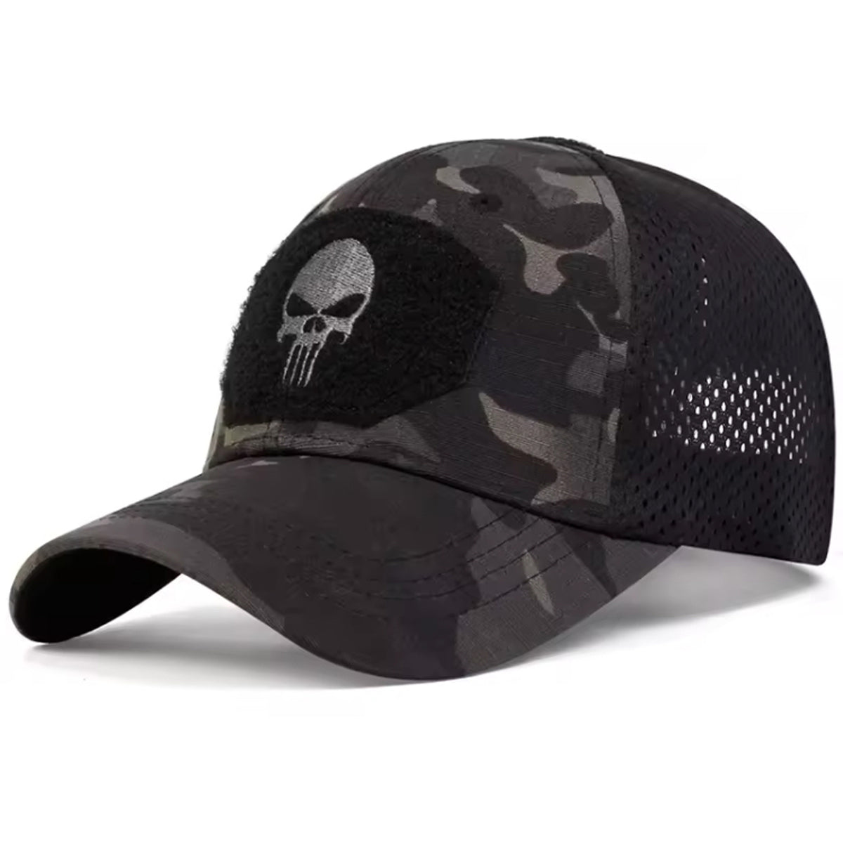 Experience the ultimate in style and comfort with our Military Punisher Cap. One size fits all with adjustable velcro straps, and the lightweight fabric ensures all-day wearability. Our 6-panel design features cooling mesh panels on both sides for added breathability.  www.moralepatches.com.au