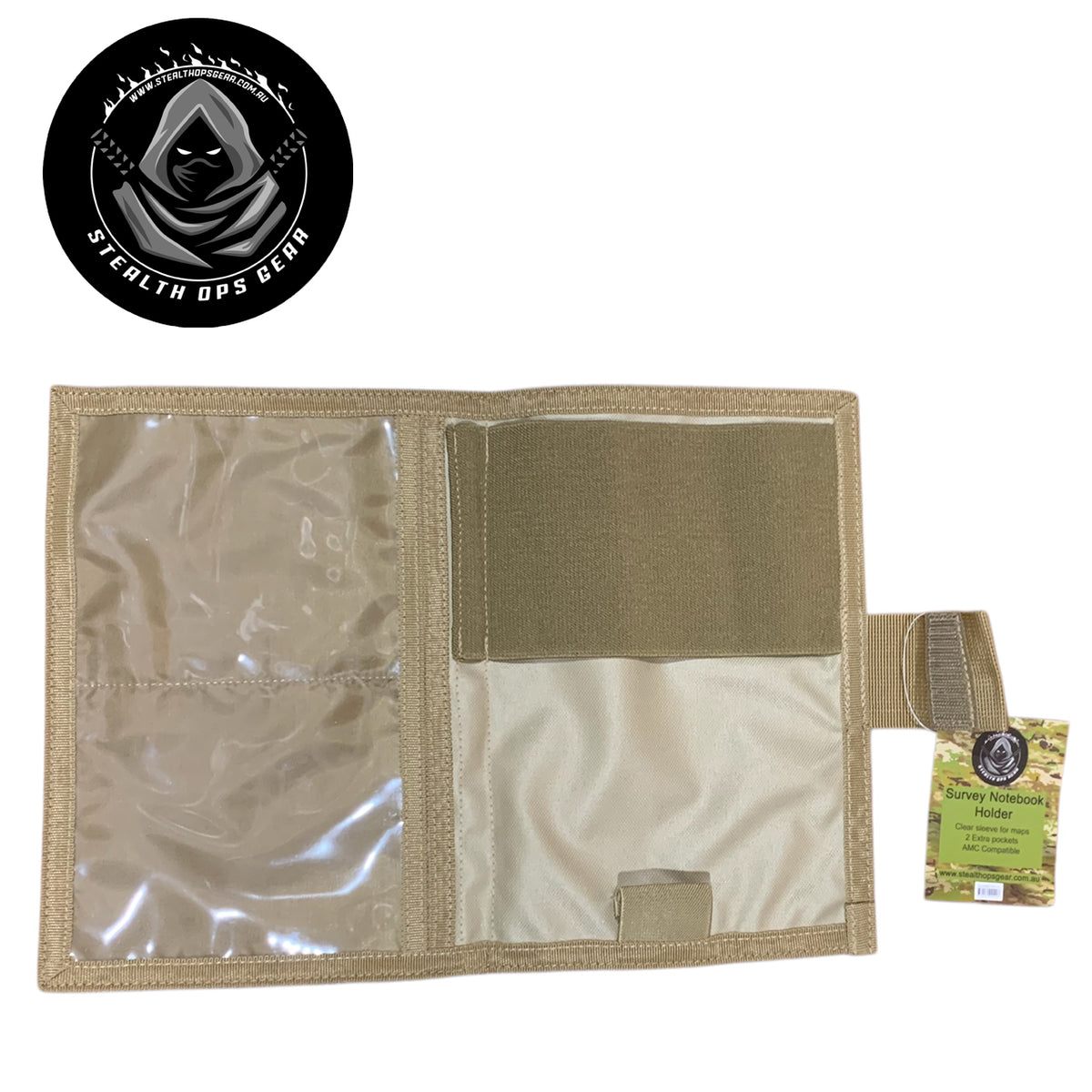 The perfect companion for your Field Survey Notebook is here - the AMCU Survey Notebook Stealth Ops Gear! This notebook cover not only protects your notebook with its elastic loop, but it also has a clear plastic window for maps and additional sleeves for any important papers or objects. Plus, keep your writing utensil within reach with the pen/pencil elastic loop. Upgrade your surveying game with this must-have gear! www.moralepatches.com.au