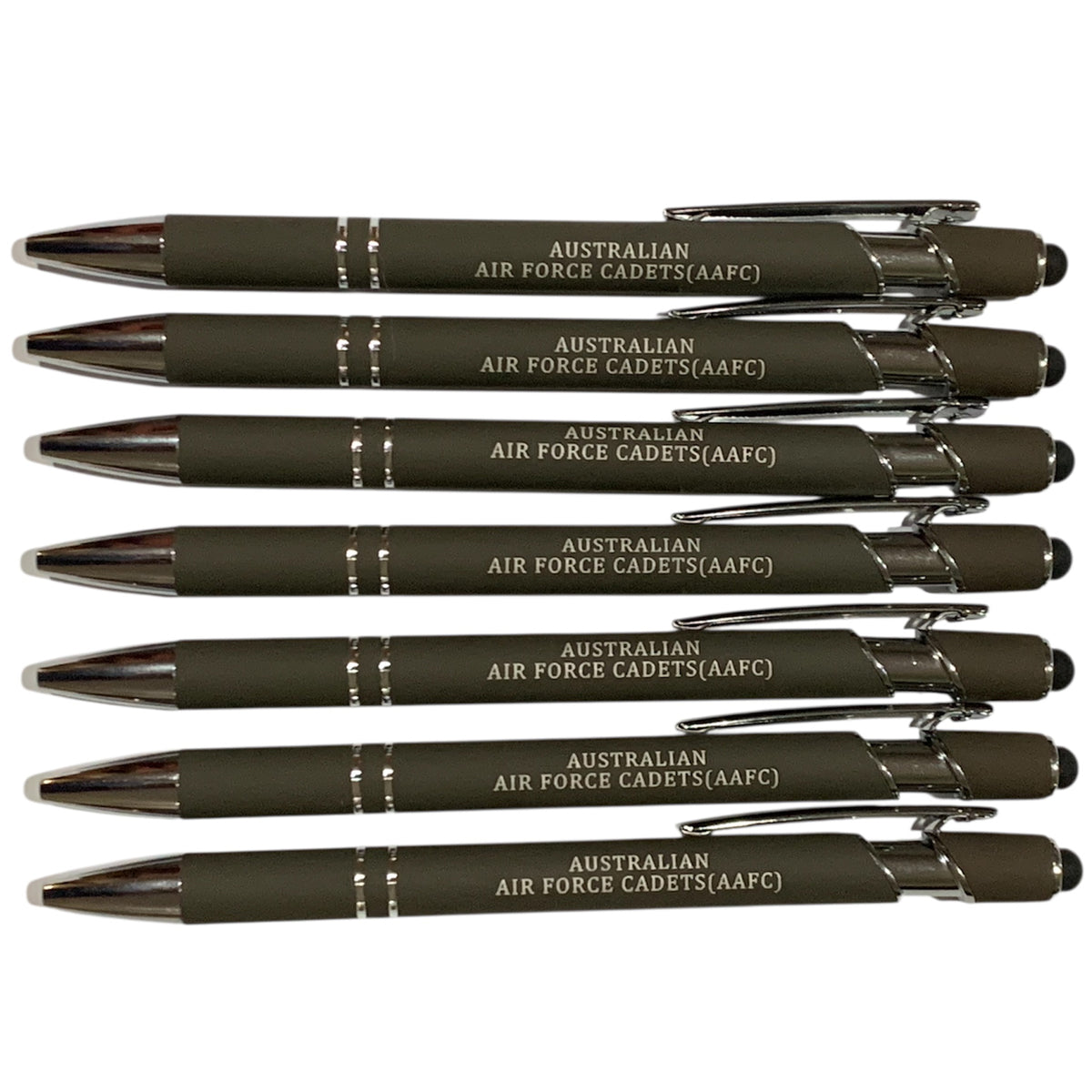 The Australian Air Force Cadets (AAC) Pen Gray is a versatile tool that combines both a black ink pen and a stylus for touch screens. Perfect for conferences and events, this pen makes a comfortable and useful gift that is sure to be a favourite among recipients. www.moralepatches.com.au