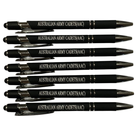 The Australian Army Cadets (AAC) Pen Black is a versatile tool that combines both a black ink pen and a stylus for touch screens. Perfect for conferences and events, this pen makes a comfortable and useful gift that is sure to be a favourite among recipients. www.moralepatches.com.au