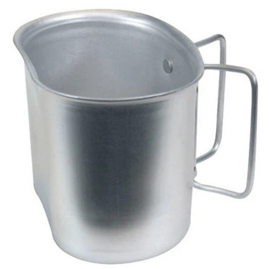 The US Army Style Aluminium Canteen Cup is&nbsp;lightweight yet strong and features folding handles for easy use and pouring. Traditional kidney shape.

Features:
Material: Aluminium
Folding Handles
It will fit over the bottom of a 1qt Canteen
Specifications:
Weight: 97g
Dimensions (handles folded): 12.9 x 8.5 x 9.4 cm www.moralepatches.com.au