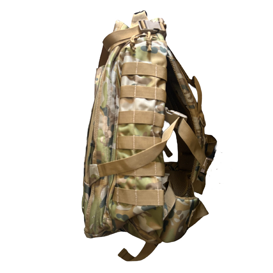 The AMCU Tactical 45LT Patrol Pack is designed for 2-3 day missions, featuring two main compartments for efficient gear organization. It includes a front pocket with an internal organizer, a dedicated hydration pocket, and a protective pouch for sunglasses. Equipped with MOLLE webbing on the sides and front, plus a top carry handle and adjustable chest straps, this pack offers versatile carrying options. www.moralepatches.com.au