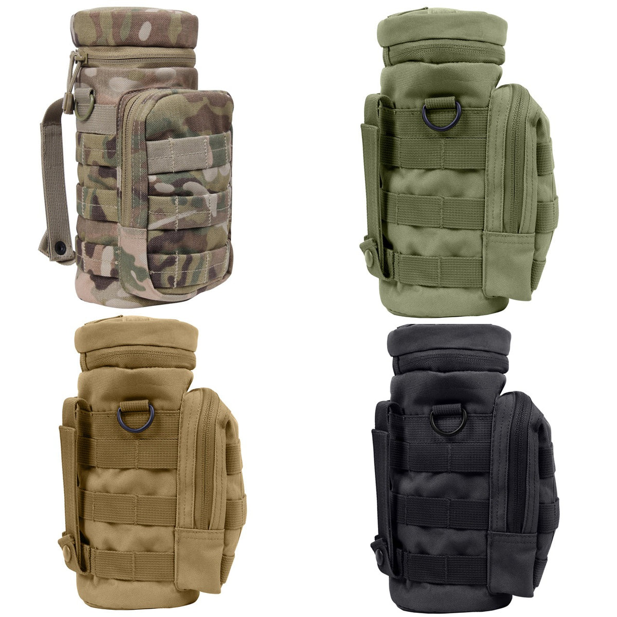 Durable Denier Polyester Material 10.5" Tall X 4" Diameter 6.5" X 4" Front Zippered Pouch W/ MOLLE Loops On Front Zipper Closure Flip Top And Two MOLLE Straps On Back D-Ring On Each Side Straw Hole On Top W/ Hook And Loop Closure Features A Drain Hole 4" X 1" Loop On Top And MOLLE Loop Around Entire Pouch www.moralepatches.com.au