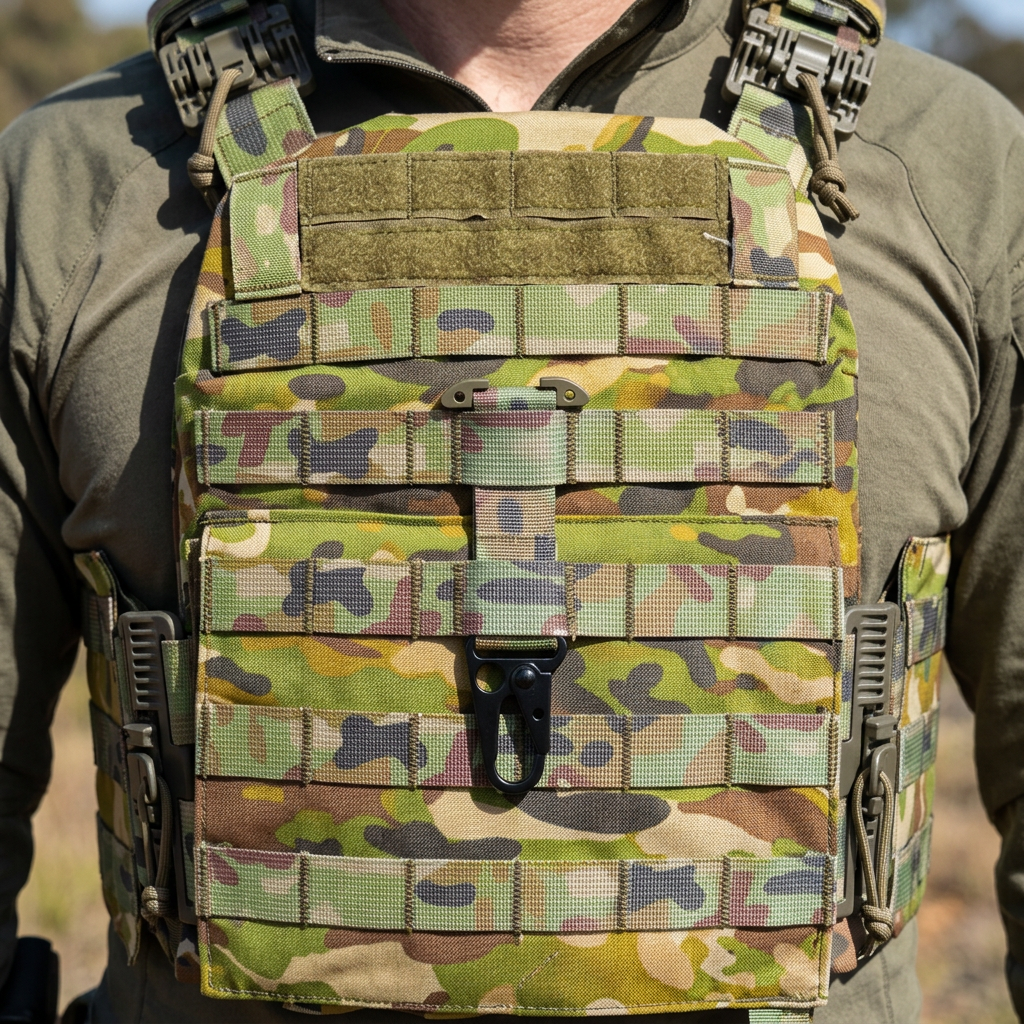 Tactical key holder threaded behind two MOLLE rows on worn AMCU plate carrier