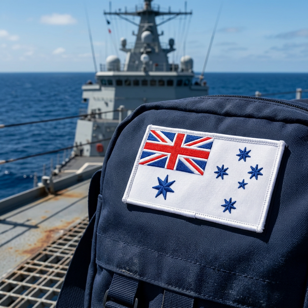 AI-generated lifestyle mockup of Navy White Ensign patch on a bag aboard a naval ship