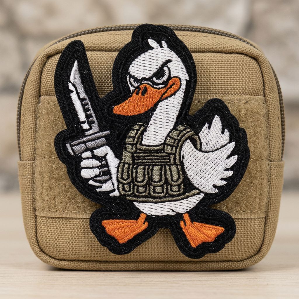 Tactical Duck embroidered patch on a sand-coloured pouch