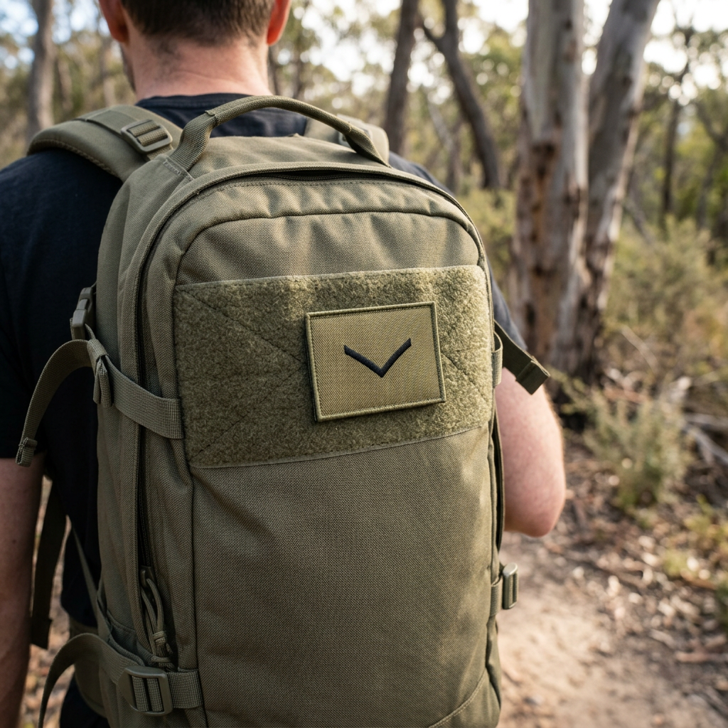 Khaki Lance Corporal embroidered patch on an olive backpack worn on a bush trail