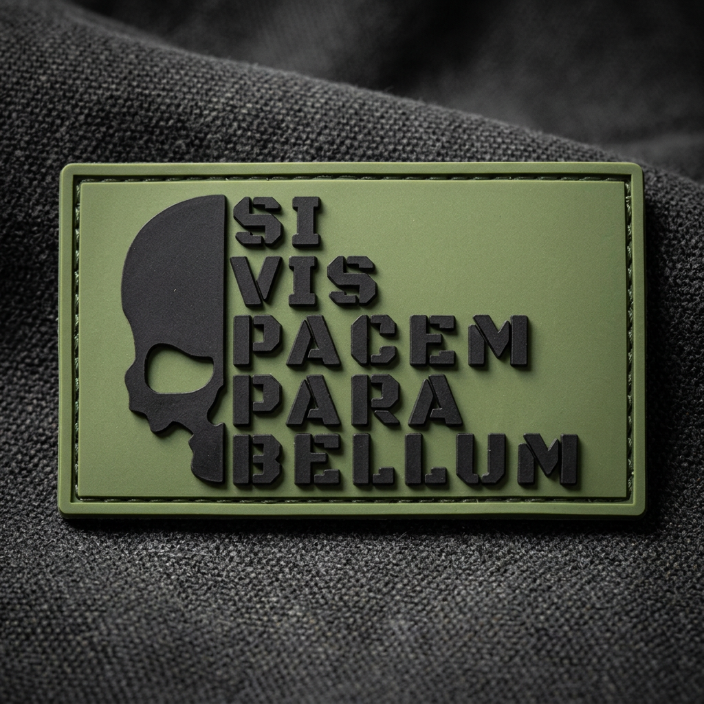 Close-up of green Para Bellum PVC patch on charcoal fabric