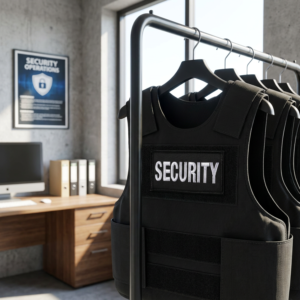 Security Patch Large For Vests on a black tactical vest hanging on a rack in a security office