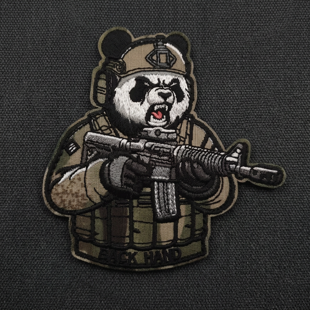 Tactical Panda embroidered patch on charcoal canvas