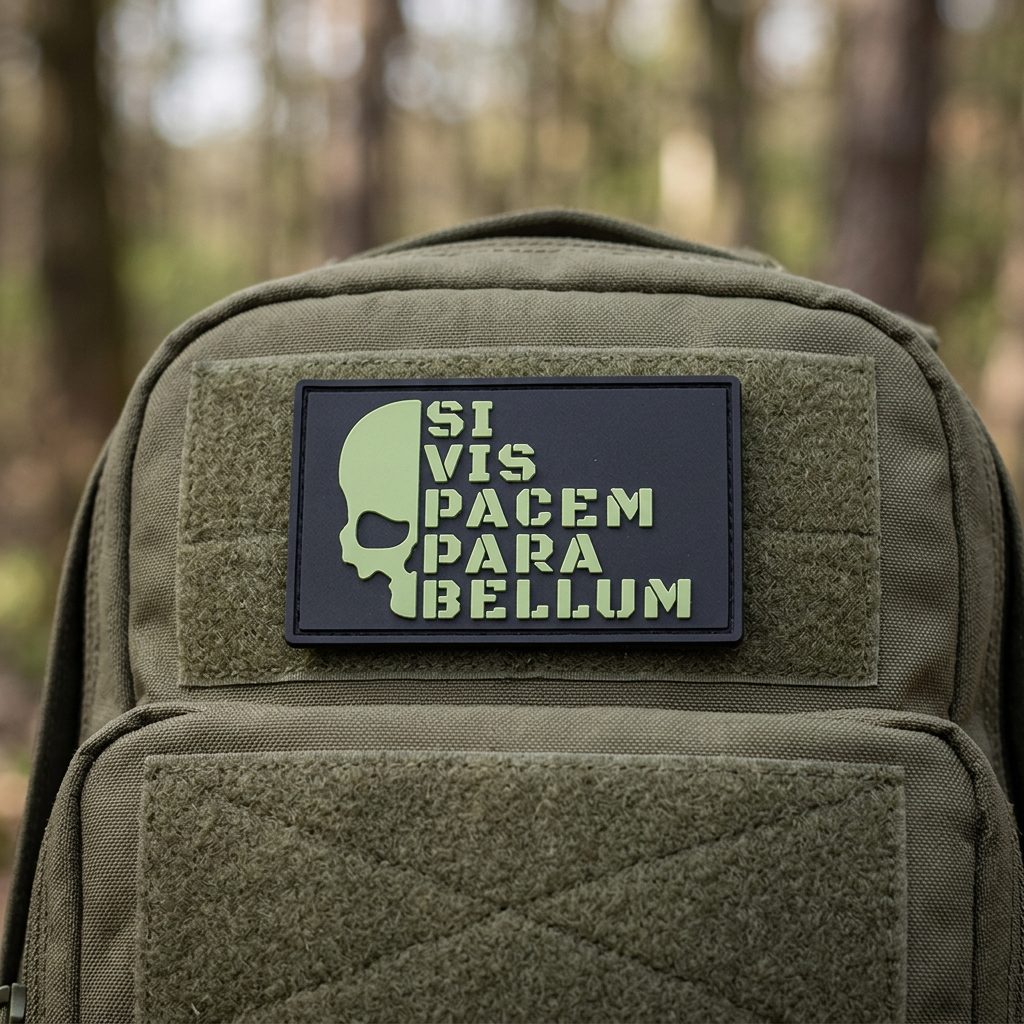 Black Para Bellum PVC patch mounted on an olive tactical backpack