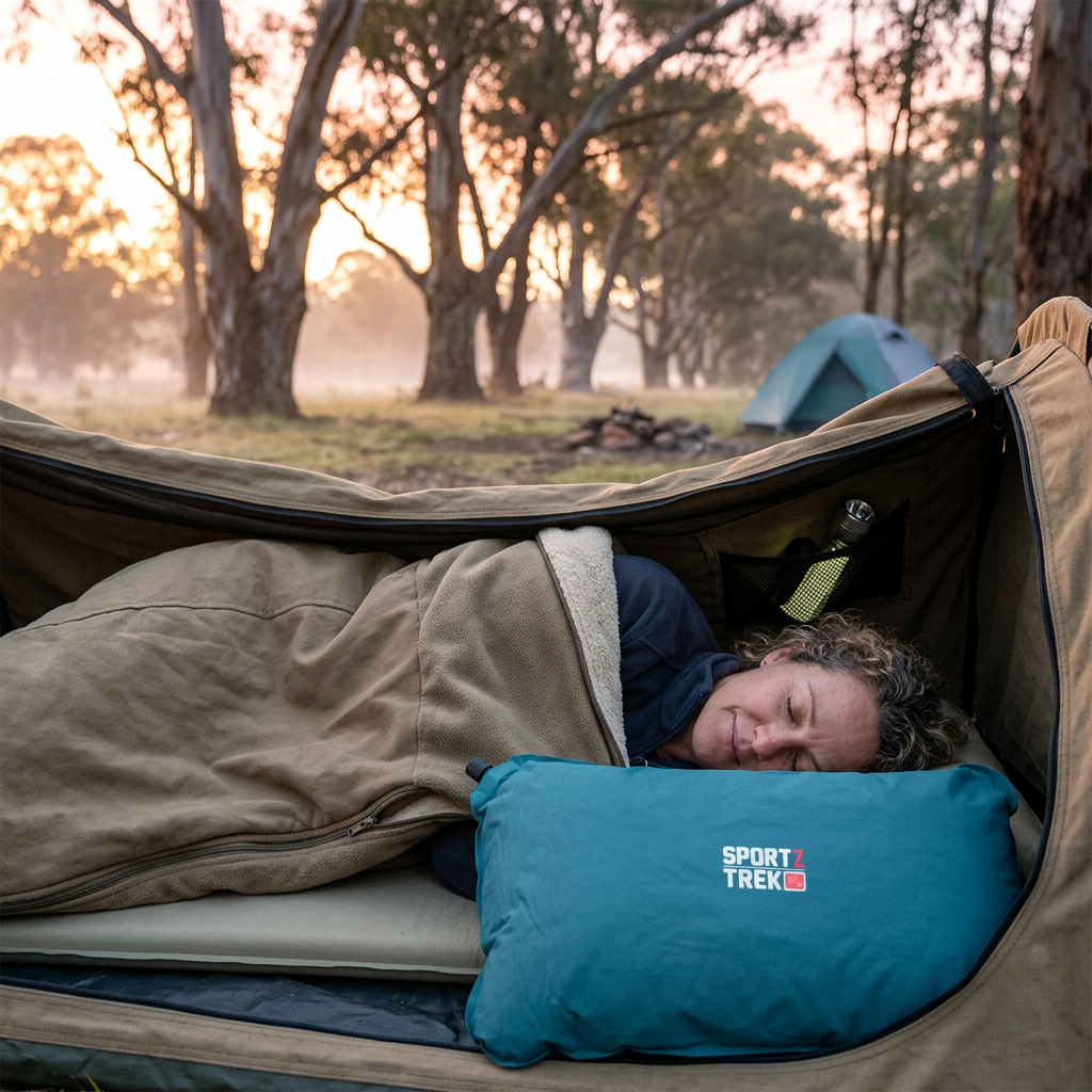 SPORTZTREK self-inflating pillow in use in an open swag at a bush campsite
