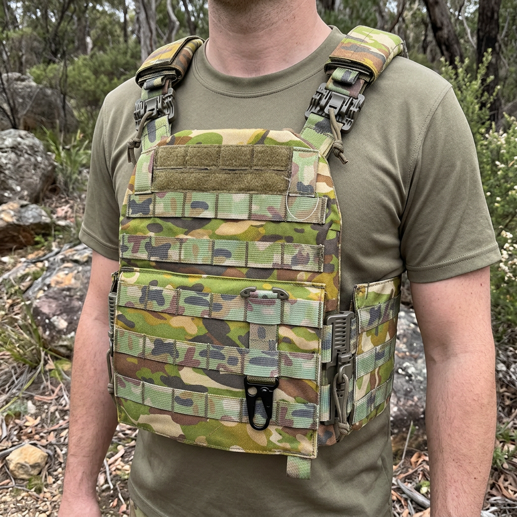 Side view of tactical key holder woven through AMCU vest MOLLE webbing