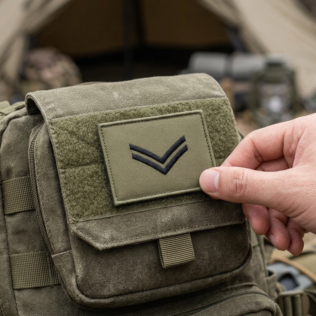 Khaki Corporal embroidered patch being attached to a utility pouch at a campsite