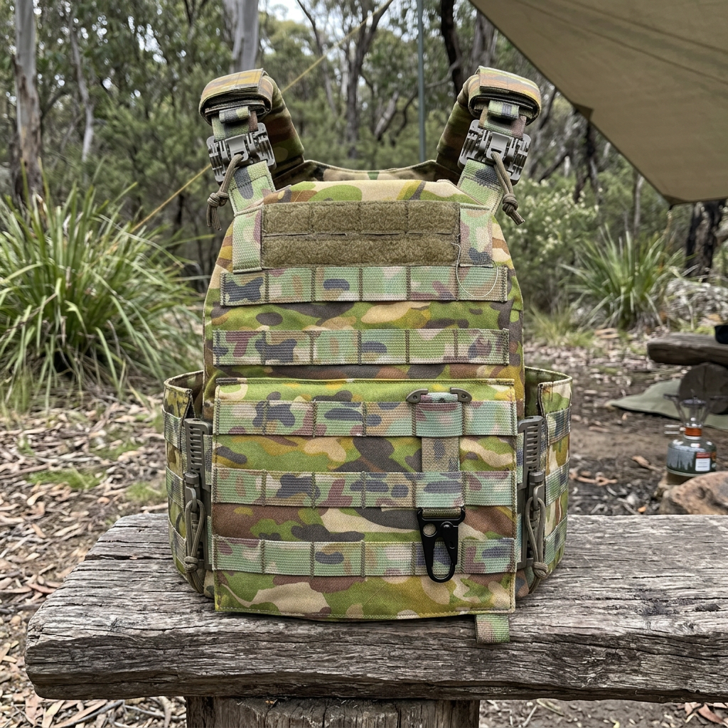 AMCU plate carrier at camp with key holder threaded through MOLLE rows