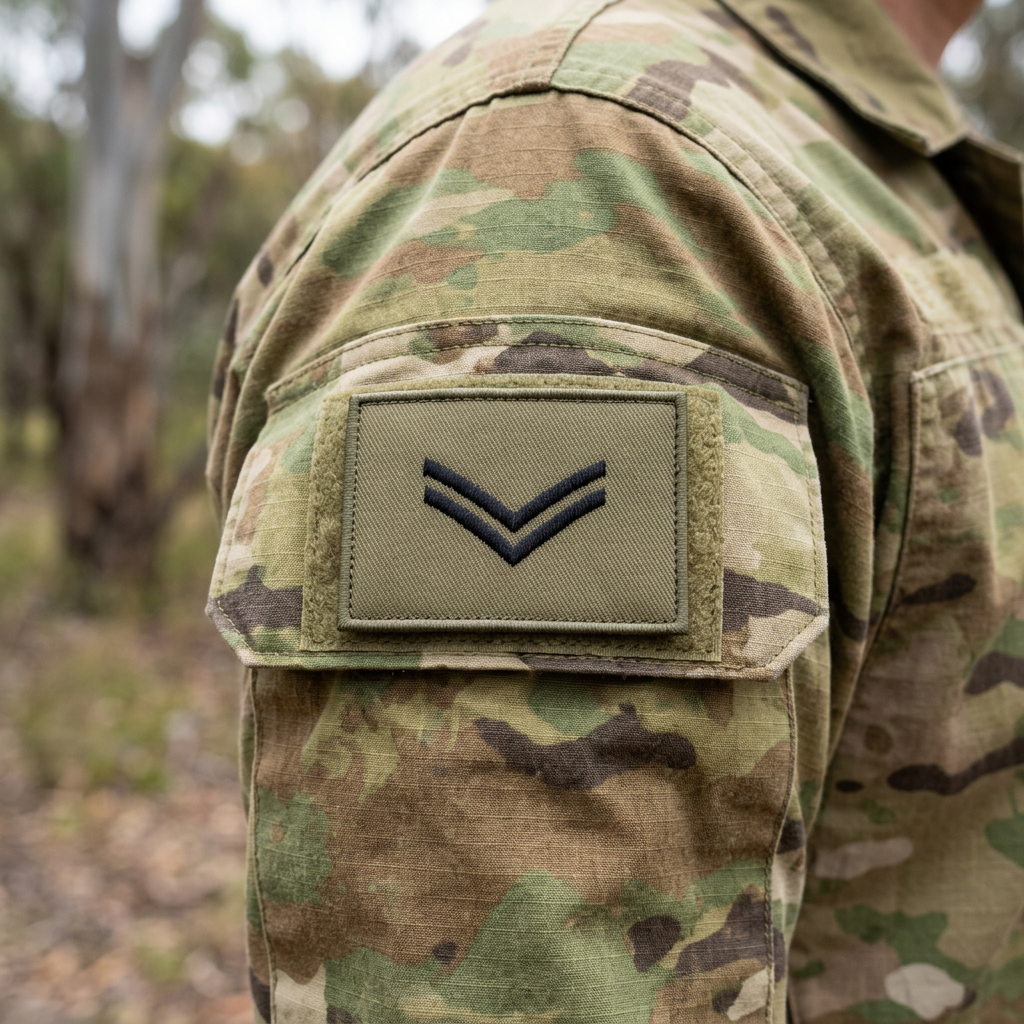 Khaki Corporal embroidered patch on a camouflage sleeve outdoors