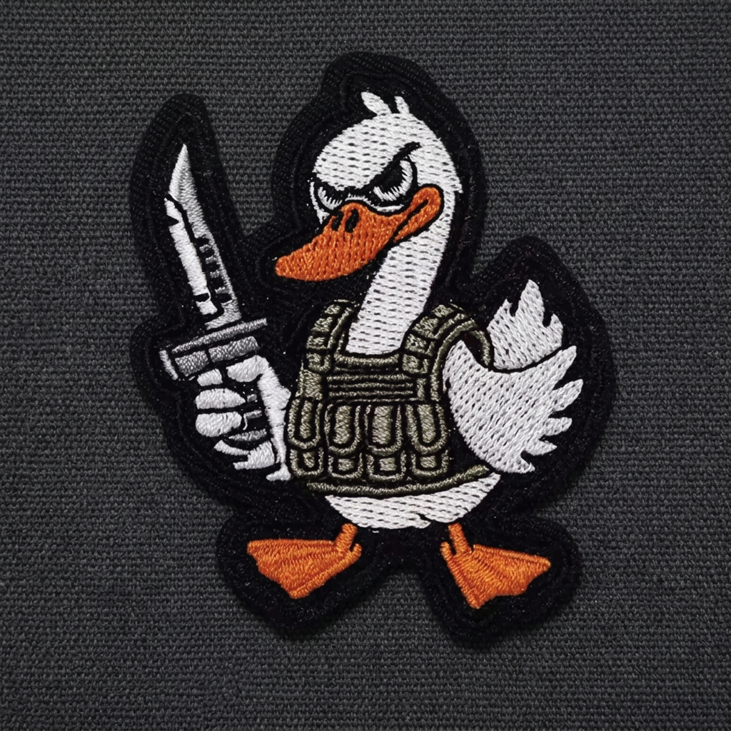 Tactical Duck embroidered patch on charcoal canvas