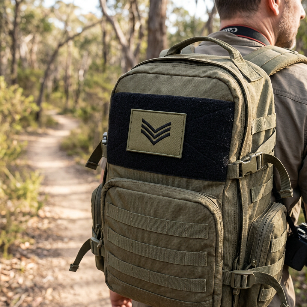 Khaki Sergeant embroidered patch on an olive backpack worn on a bush trail