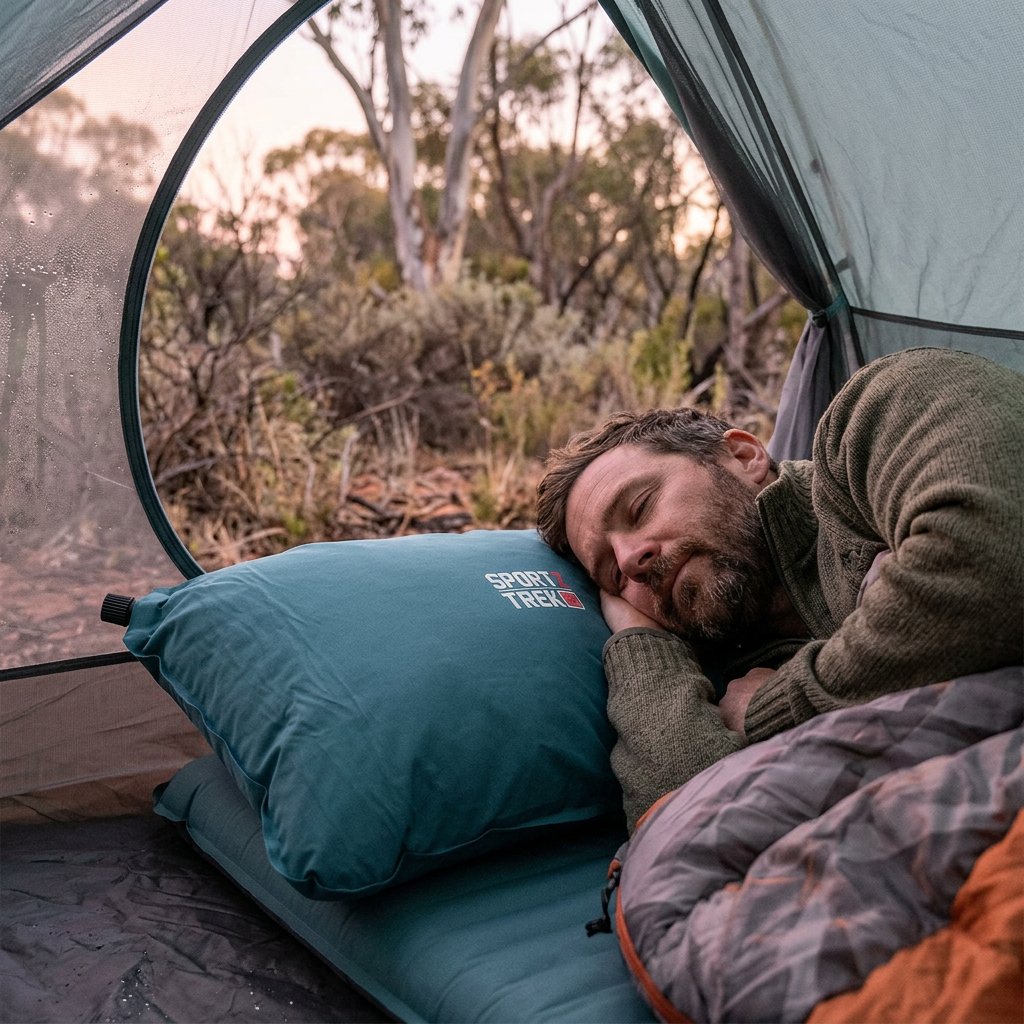 SPORTZTREK teal self-inflating pillow used by a camper inside a tent
