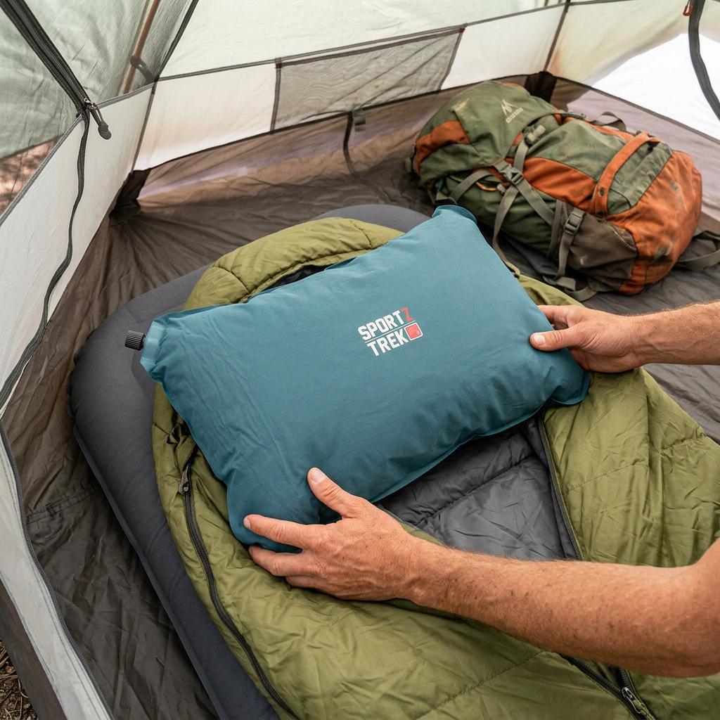 Camper positioning SPORTZTREK self-inflating pillow at the head of a sleeping bag