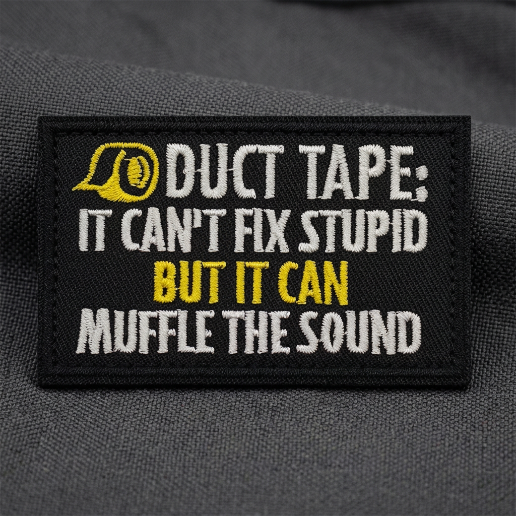 Close-up of Duct Tape patch white and yellow embroidery on charcoal fabric