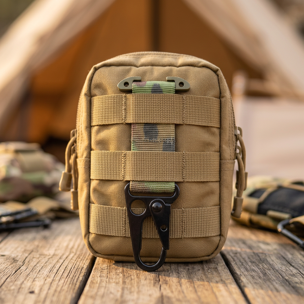 Camouflage MOLLE key holder on tan pouch at campsite
