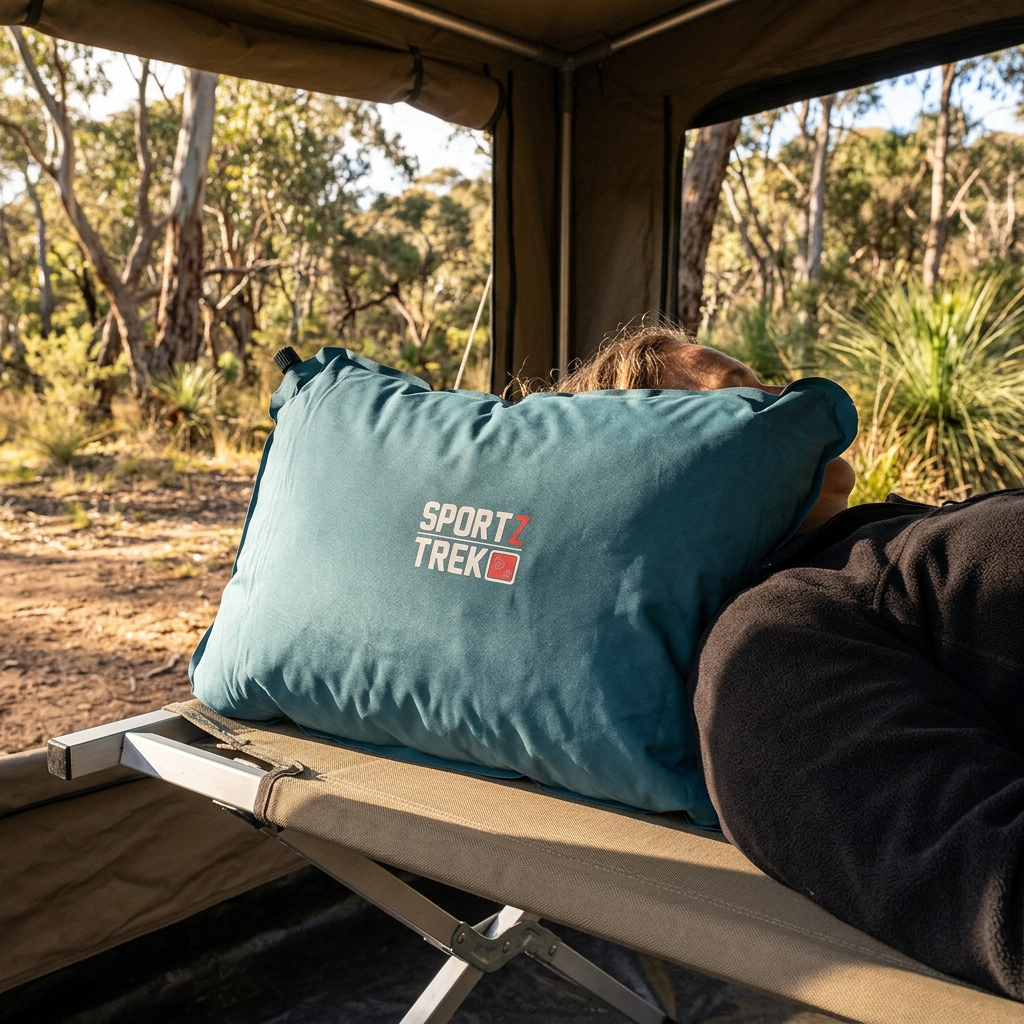 SPORTZTREK self-inflating pillow on a camping cot under a bush campsite awning