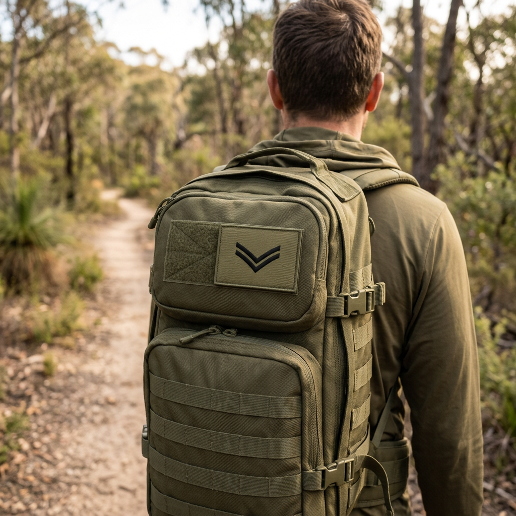 Khaki Corporal embroidered patch on an olive backpack worn on a bush trail