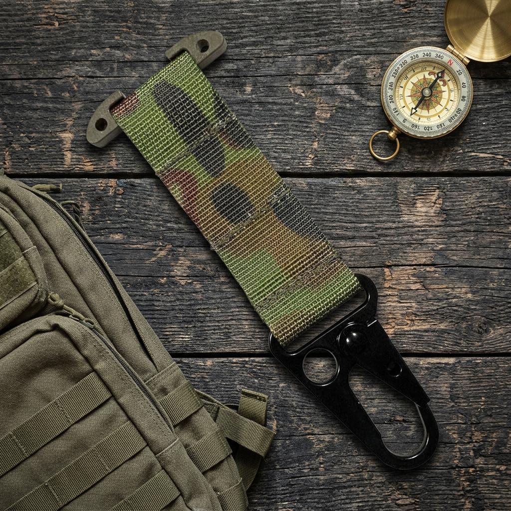 Tactical key holder flat lay on timber with outdoor gear