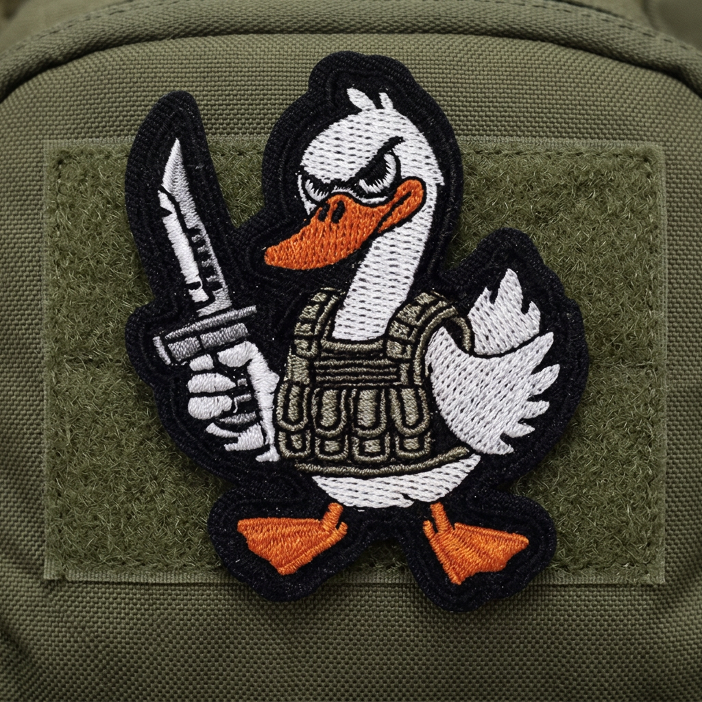 Tactical Duck embroidered patch on an olive backpack