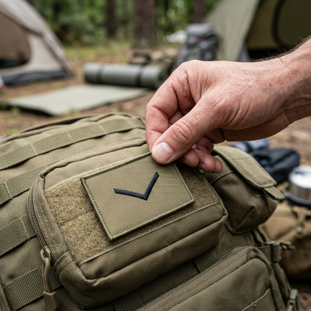 Khaki Lance Corporal embroidered patch being attached to a utility pouch at a campsite