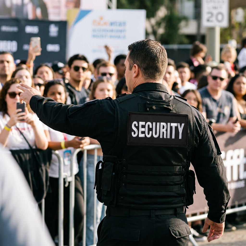 Security Patch Large For Vests on the back of a black tactical vest worn by an officer directing crowds